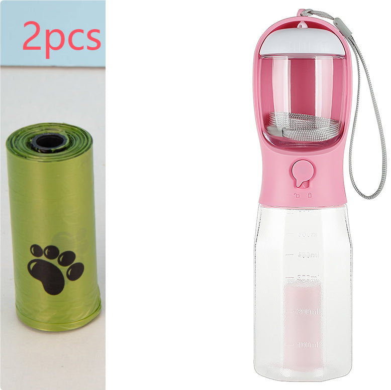 Bucciato 3-in-1 portable dog and cat water bottle with food feeder and poop dispenser, leak-proof pet hydration and feeding solution