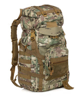 Camouflage backpack in green and brown for camping, hiking, travel, and cycling, featuring multiple compartments and adjustable straps.