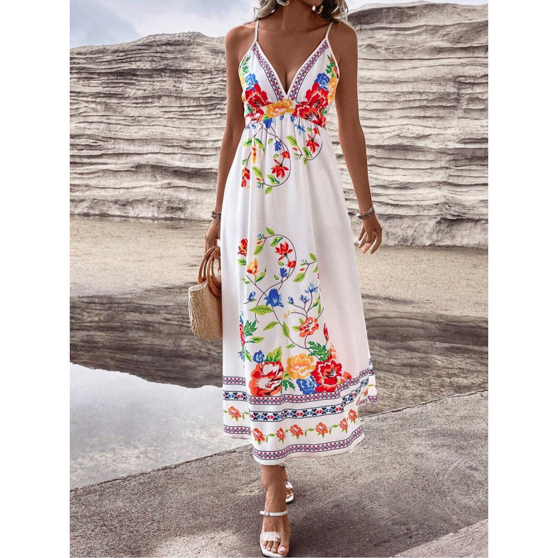 European And American Floral Print V-Neck Slip Dress