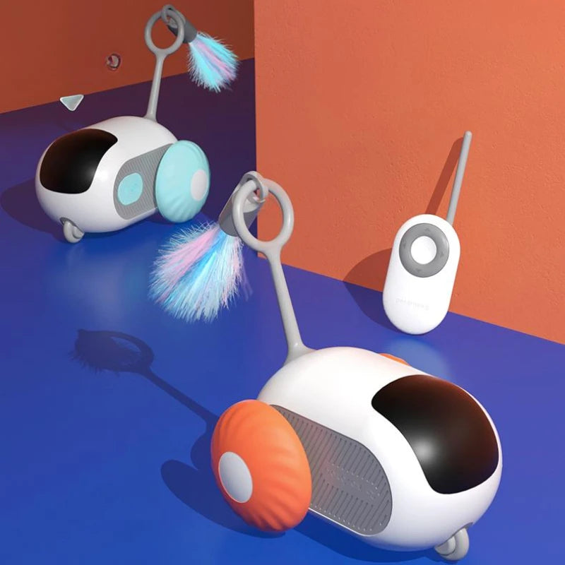 Interactive smart control cat toy car by Bucciato featuring USB charging, self-moving, chasing, and remote-controlled features for pets.