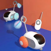 Interactive smart control cat toy car by Bucciato featuring USB charging, self-moving, chasing, and remote-controlled features for pets.