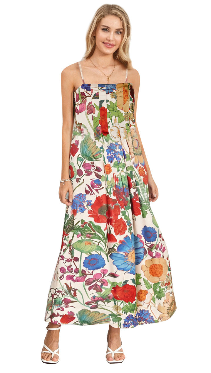 Strap-printed High-waist Belt A-line Dress