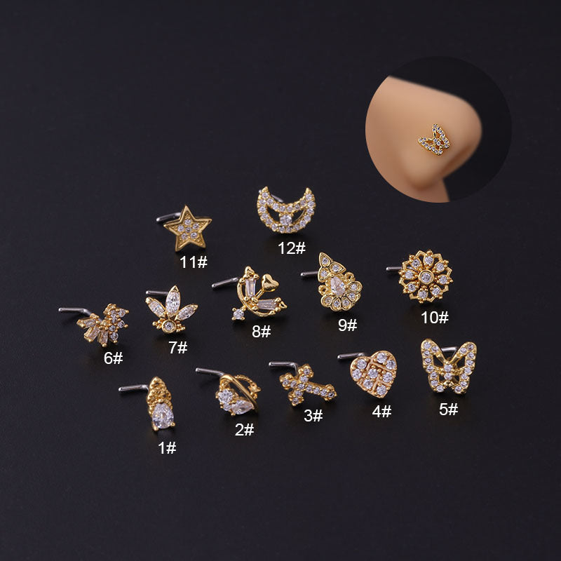 Titanium Steel L Screw Bar Stylish Butterfly Zircon Nose Stud