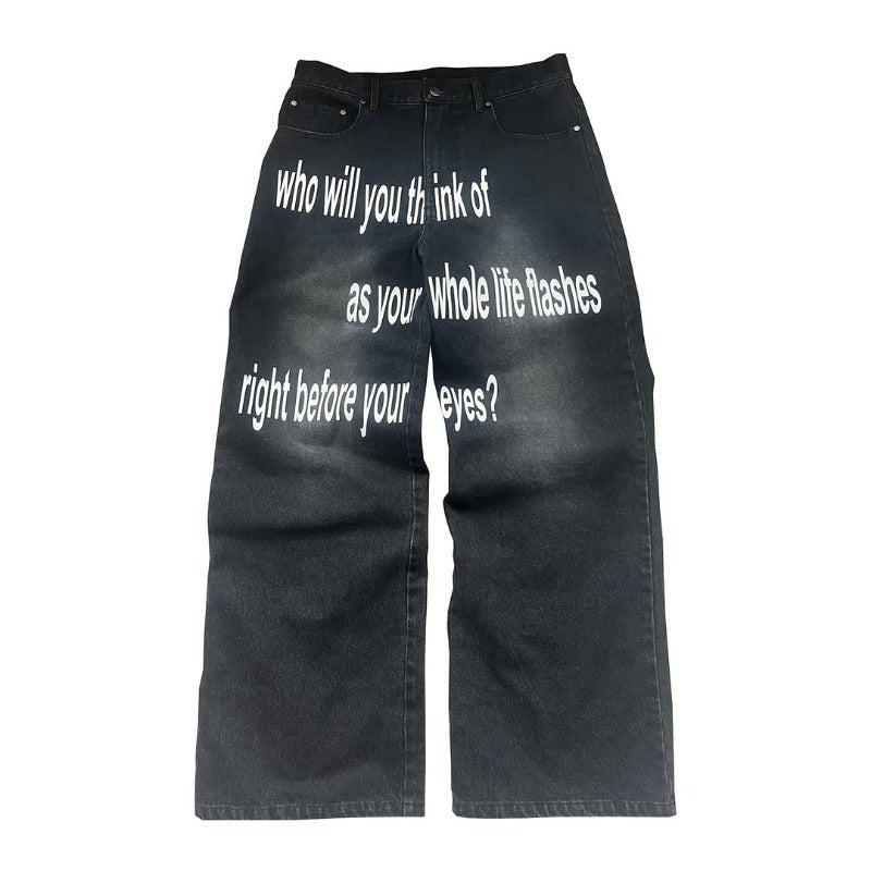 Herren-Hose mit Retro-Buchstabenprint, minimalistisch, weitem Bein