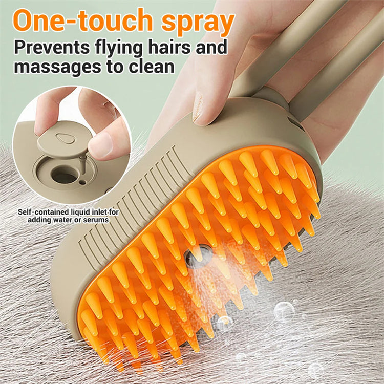 Electric cat and dog steam grooming brush by Bucciato, featuring massage and hair removal functions for pet grooming.
