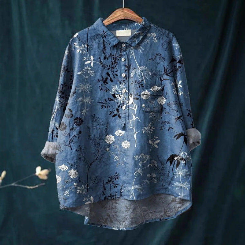 Women's Summer Loose-Fit Printed Lapel Casual European-Size Shirt