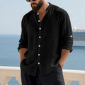 Breathable Linen Men's Button-Up Stand-Collar Long-Sleeve Shirt