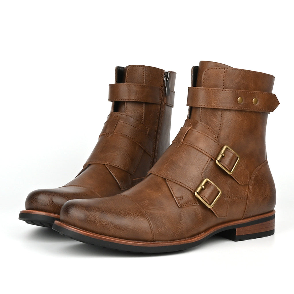 Men's Minimalist Vintage Metal-buckle Side-zip Low-heeled Denim Boots
