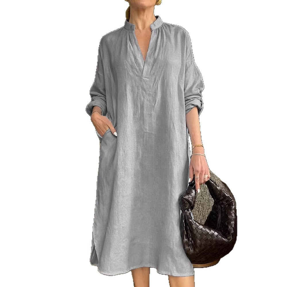 Women's Retro Cotton-Linen Long-Sleeve V-Neck Pocket Dress