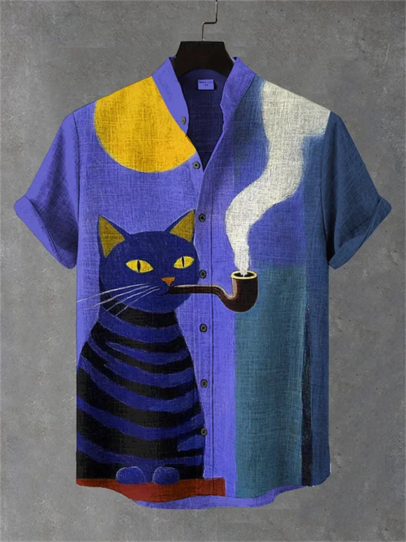 Men's Printed Short-Sleeve Stand-Up Collar Top