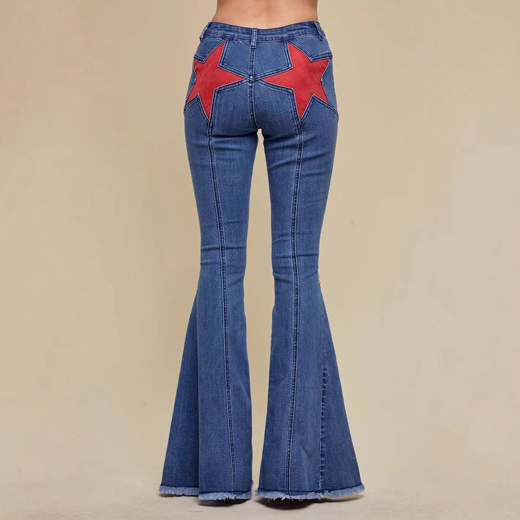Women’s stretch denim jeans with five-pointed star stitching, stylish and fitted, from Bucciato Multi-Product Store.