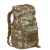 Camouflage backpack by Bucciato suitable for camping, hiking, travel, and cycling, featuring multiple compartments and adjustable straps.