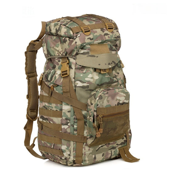Camouflage backpack by Bucciato suitable for camping, hiking, travel, and cycling, featuring multiple compartments and adjustable straps.