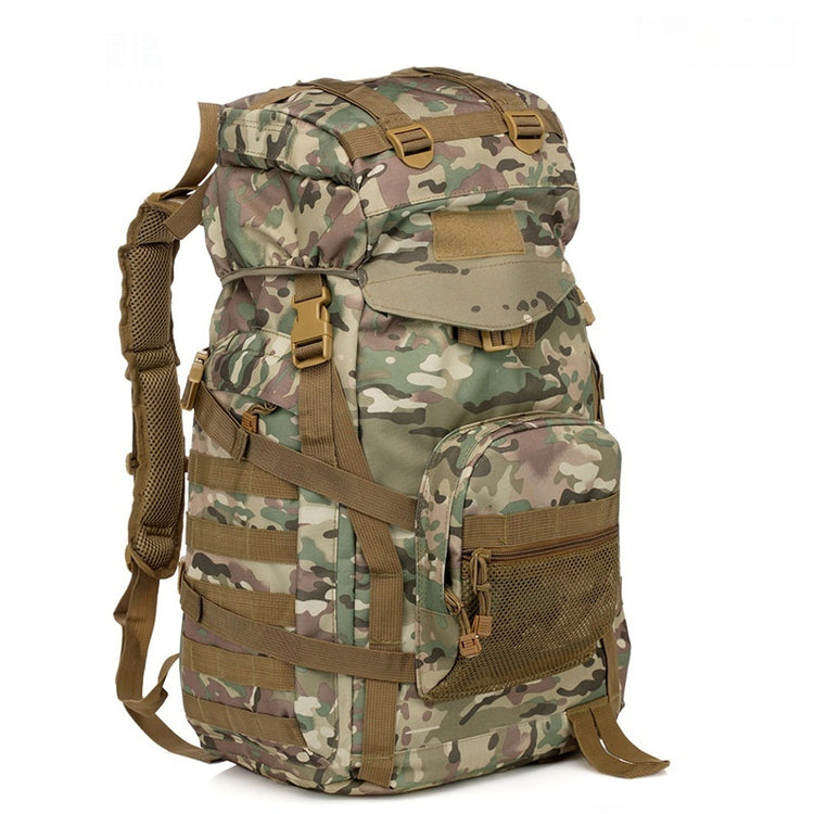 Camouflage backpack by Bucciato suitable for camping, hiking, travel, and cycling, featuring multiple compartments and adjustable straps.