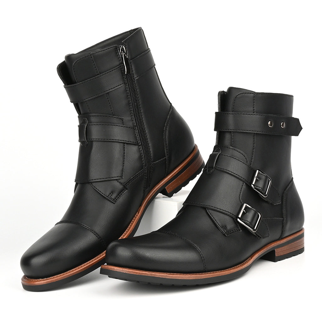 Men's Minimalist Vintage Metal-buckle Side-zip Low-heeled Denim Boots