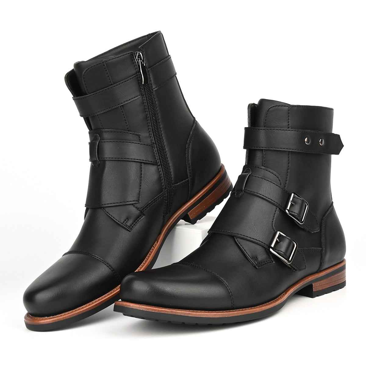 Men's Minimalist Vintage Metal-buckle Side-zip Low-heeled Denim Boots