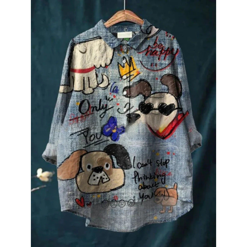 Women's European And American-style Retro Digital-print Animal Shirt