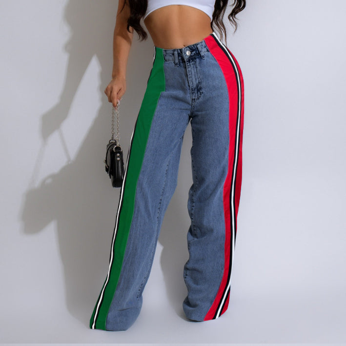 Stylish Patchwork Striped Contrasting Denim Jeans