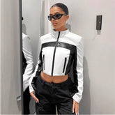 Black and white contrast leather coat for women, slim fit short jacket with zipper, stylish and versatile outerwear from Bucciato.