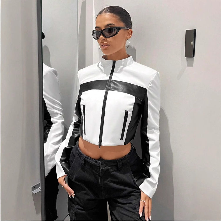 Black and white contrast leather coat for women, slim fit short jacket with zipper, stylish and versatile outerwear from Bucciato.