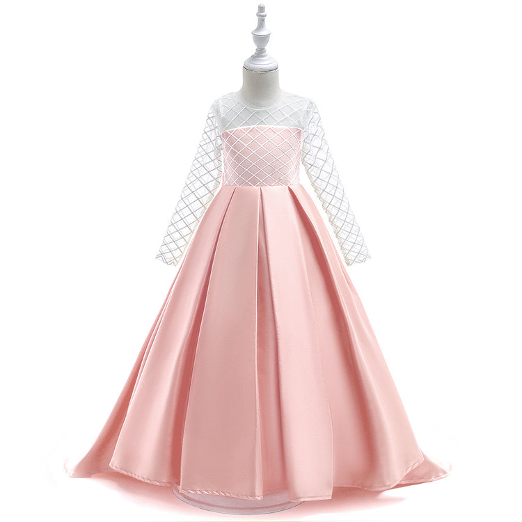 Girls’ mesh long sleeve trailing dress by Bucciato, perfect for occasions and parties, featuring a stylish and elegant design.