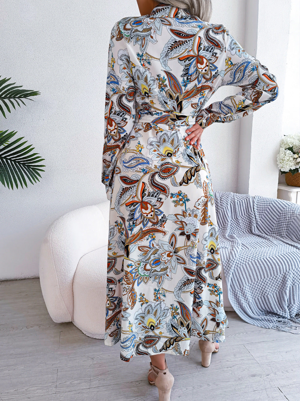 Women  Vintage Floral Print Lapel Tie Waist Shirt Maxi Dress