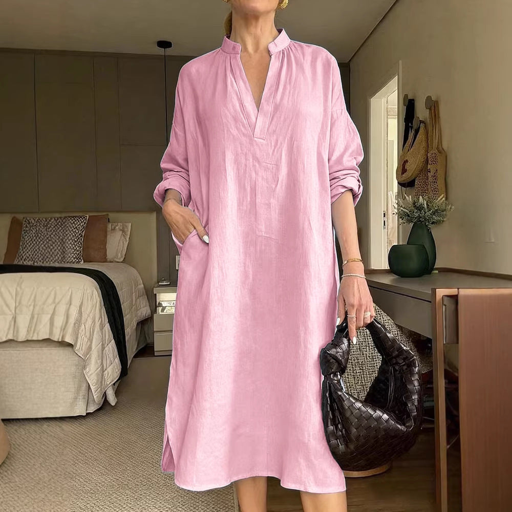 Women's Retro Cotton-Linen Long-Sleeve V-Neck Pocket Dress