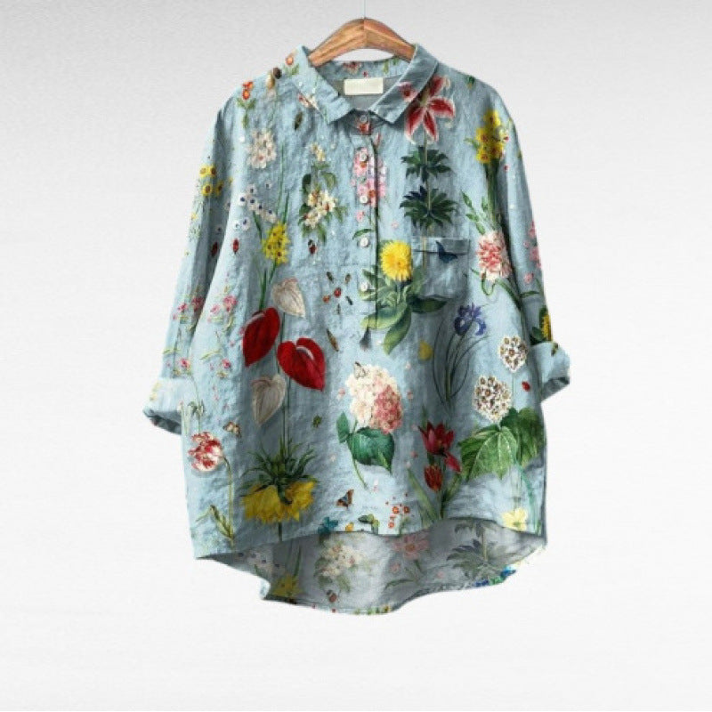 Women's Summer Loose-Fit Printed Lapel Casual European-Size Shirt