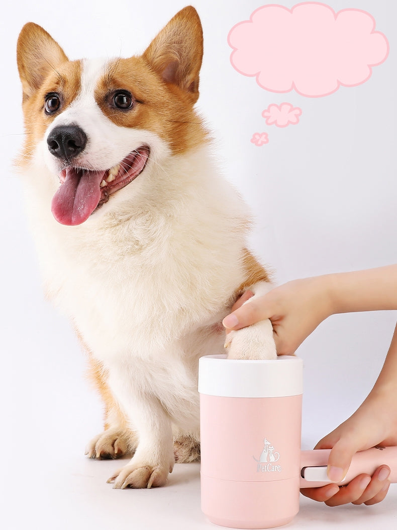 Dog paw cleaner cup with soft silicone bristles for cleaning pet paws, designed to wash dirty cat and dog feet easily.