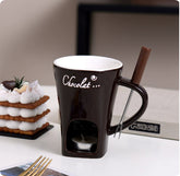 Mini fondue mug set with small cups and warmers, ideal for chocolate, cheese, or dessert melting in a compact kitchen gadget.