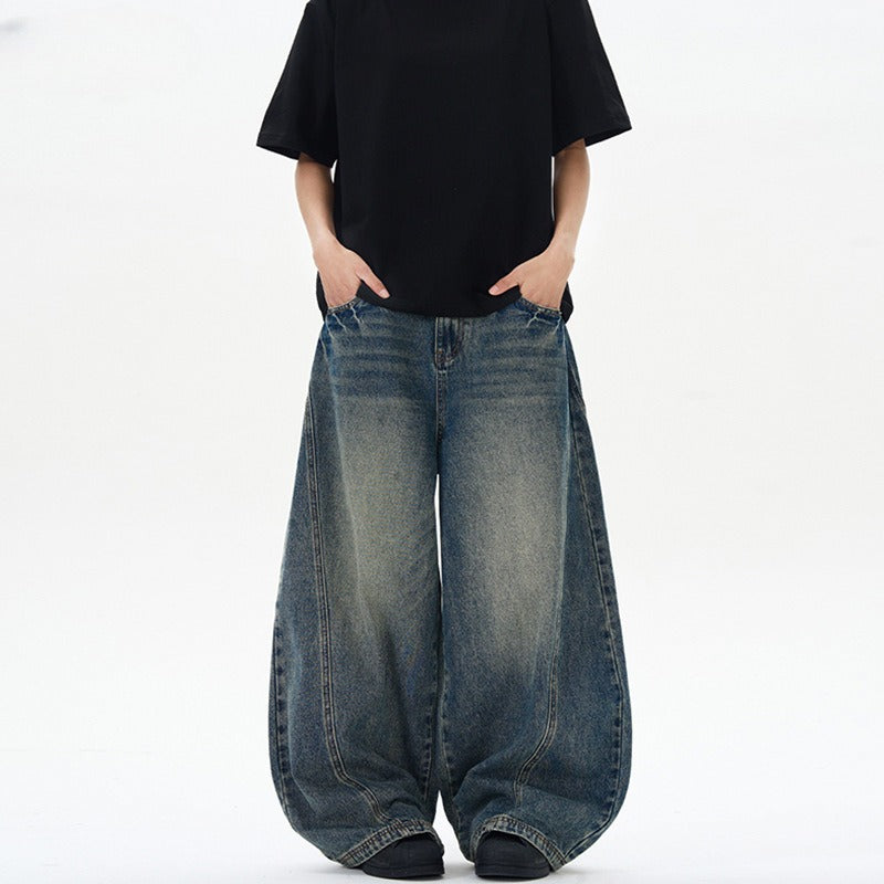 American-style Vintage Blue Washed Tie-dye Bootcut Jeans