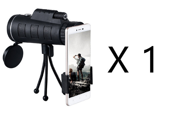 Apple-compatible monocular telescope with zoom, compass, phone clip, and tripod for outdoor viewing and wildlife observation.