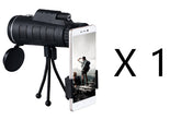 Apple-compatible monocular telescope with zoom, compass, phone clip, and tripod for outdoor viewing and wildlife observation.