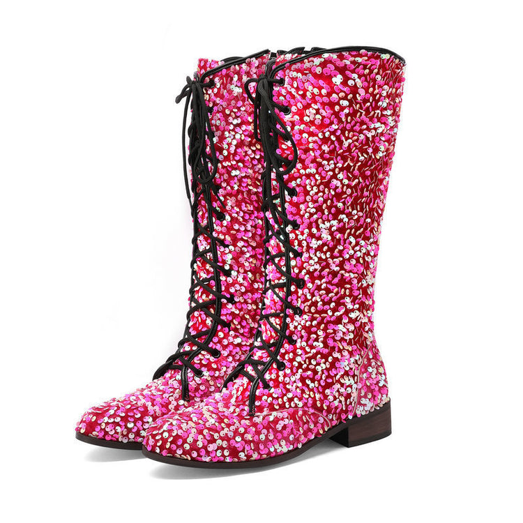 Glittery round-toe mid-heel over-the-knee boots with front lacing, women&