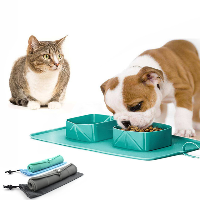 Silicone folding pet bowl by Bucciato, portable and collapsible for easy feeding and water for pets on the go.
