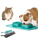 Silicone folding pet bowl by Bucciato, portable and collapsible for easy feeding and water for pets on the go.