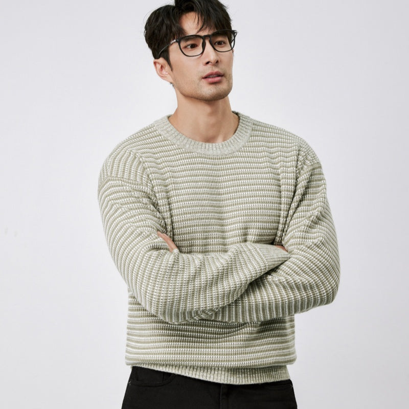 Mens Winter Warm Striped Crew-Neck Sweater