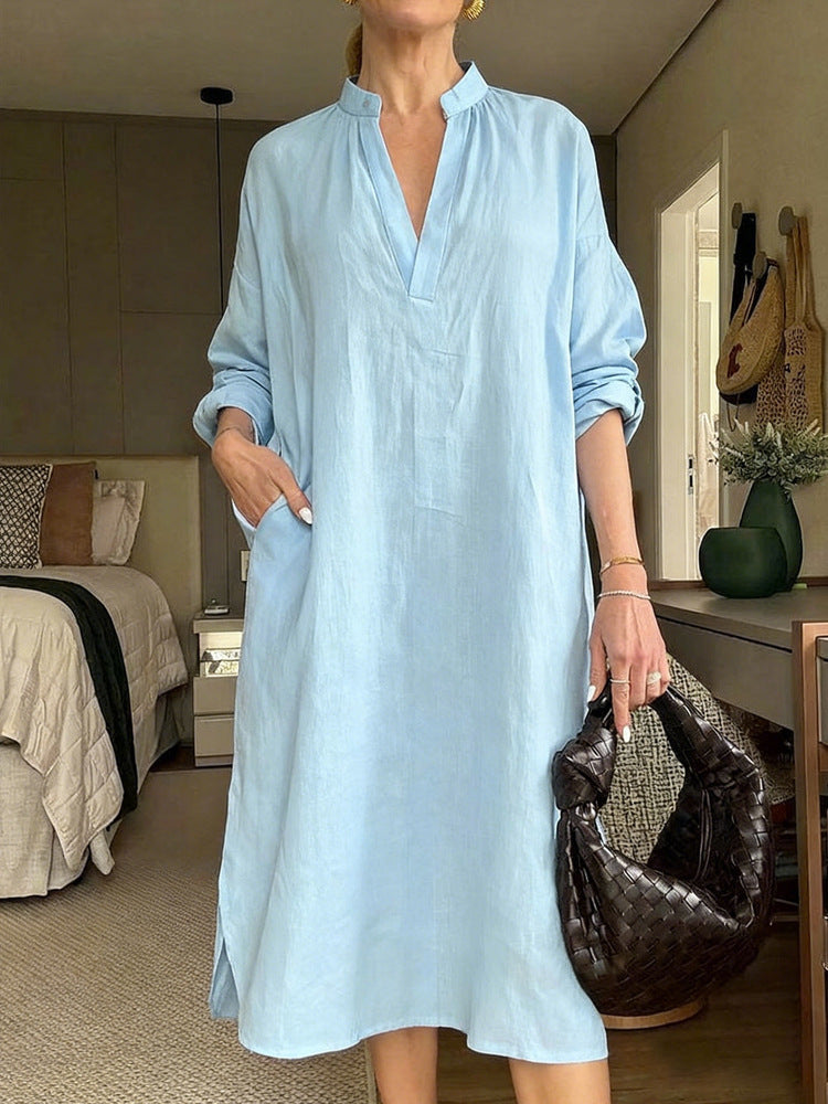 Women's Retro Cotton-Linen Long-Sleeve V-Neck Pocket Dress