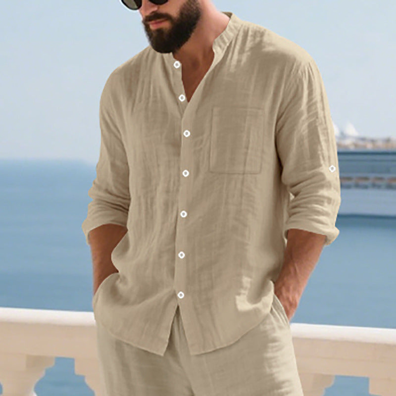 Breathable Linen Men's Button-Up Stand-Collar Long-Sleeve Shirt