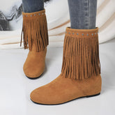 Plus size suede tassel boots for women with studded detailing, stylish and comfortable footwear from Bucciato.