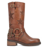 Women’s low-heeled ankle boots with stitched belt buckle design, stylish designer footwear from Bucciato store.