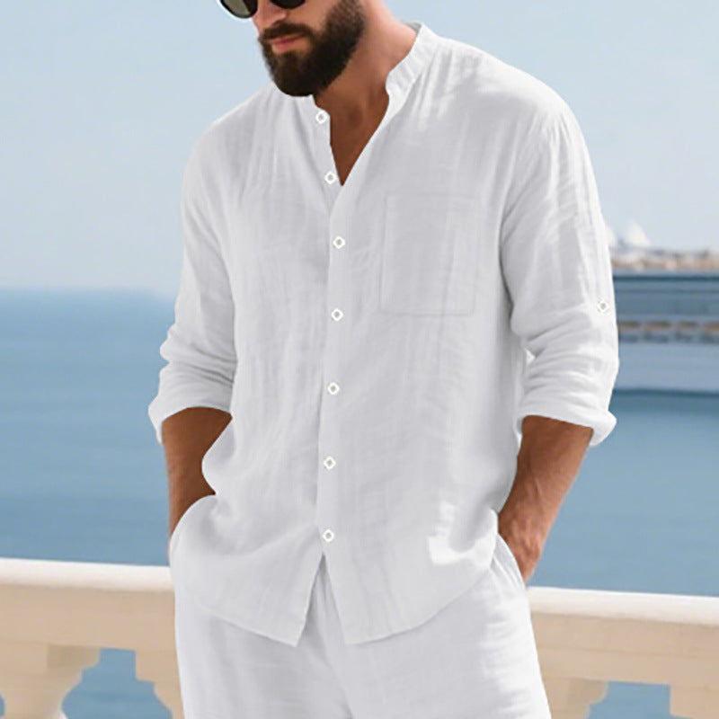 Breathable Linen Men's Button-Up Stand-Collar Long-Sleeve Shirt