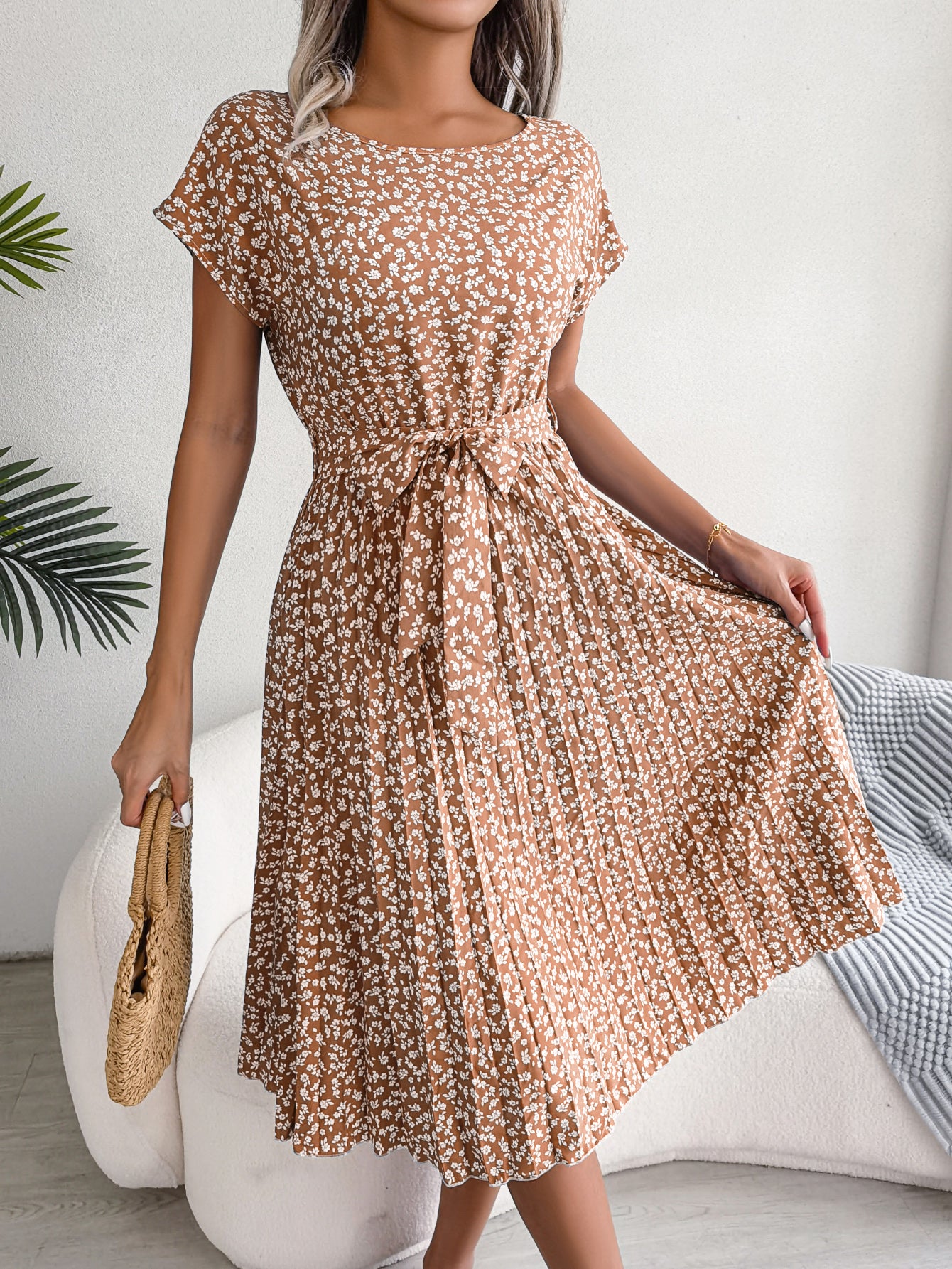 Women   Casual Short Sleeve Floral Print Flowy Pleated Skirt