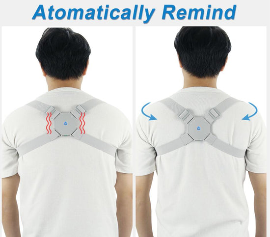 Adjustable smart back posture corrector in black, designed to help improve spinal alignment and posture.