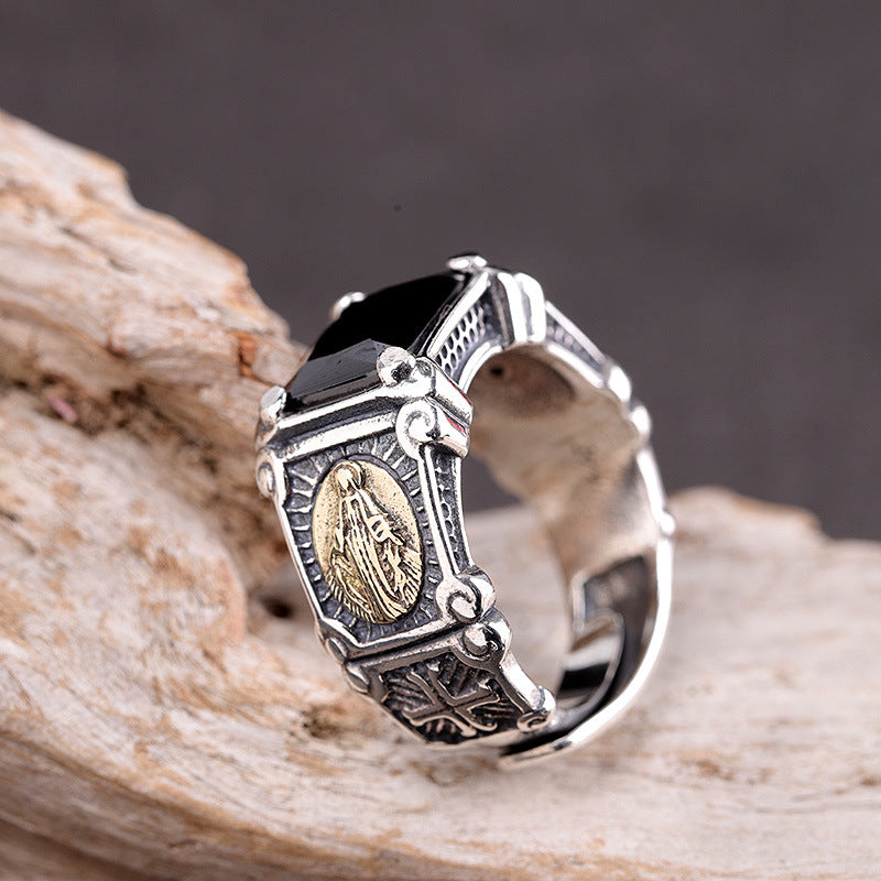S925 Silver Jewelry Inlaid Men's Black Onyx Virgin Mary Ring