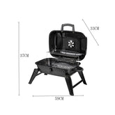 Portable foldable small hamburger barbecue grill in black with metal grill surface, compact design for outdoor cooking.