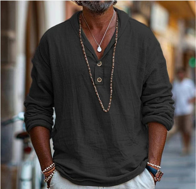 Casual long-sleeved linen shirt made from cotton and linen blend, stylish and comfortable, in a retro design.