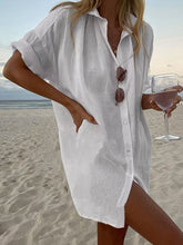 Women’s casual loose-fit cotton-linen short-sleeve top in solid color, stylish and comfortable, worn by a model.
