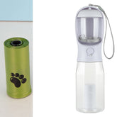 Portable 3-in-1 dog and cat water bottle by Bucciato, featuring a food feeder, drink dispenser, and poop bag holder, leak-proof design.