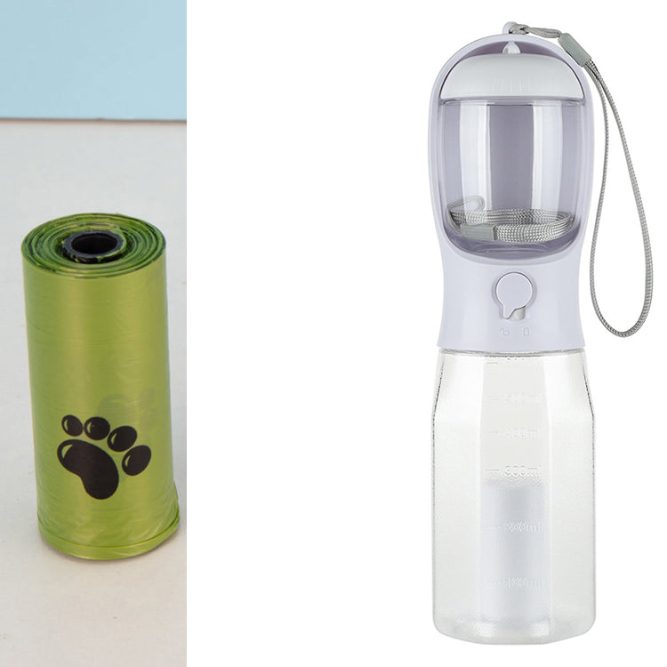 Portable 3-in-1 dog and cat water bottle by Bucciato, featuring a food feeder, drink dispenser, and poop bag holder, leak-proof design.